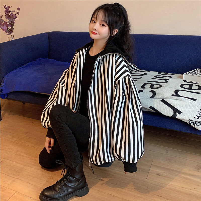 Nomikuma Autumn Winter Korean Causal Striped Women Jakcet Long Sleeve Zipper Turn-down Collar Coat New Femme Outwear 6C773 210427