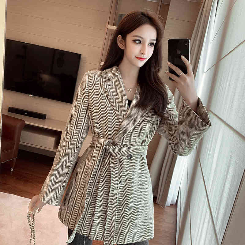 Winter Korean Clothes Loose Coat Woman England Woolen Slim Suit Jacke Twith Bow Sashes Female Blazer Women Feminino Tweed 210515