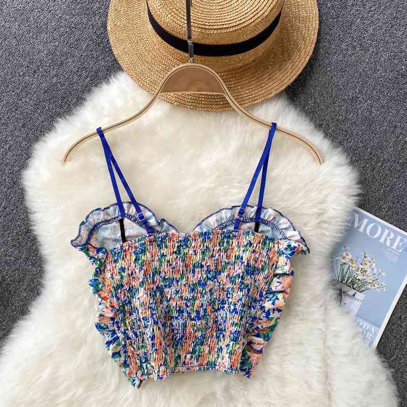 DEAT Women Ruffles Printing Sling Camis Arrivals Sexy Backelss Temperament Fashion Spring Summer 11D1556 210709