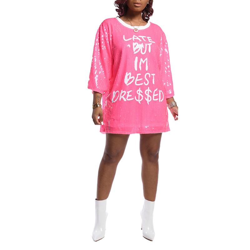 Casual Dresses Women Sequined Letter Print O-Neck Natural Loose Long Sleeve Autumn Stylish 2021 Solid Color Plus Size Female Clothing
