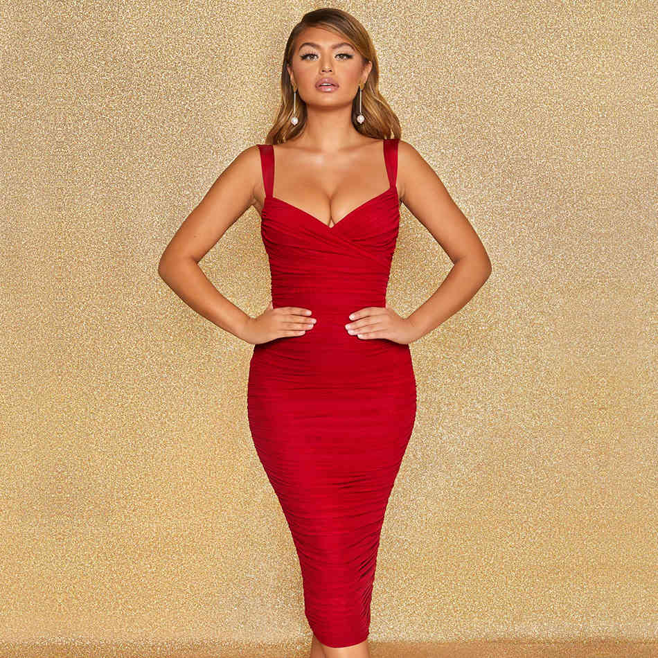 Summer Women Pink Bandage Dress Sexy Spaghetti Strap V Neck Red Draped Club Celebrity Runway Party Vestidos 210423