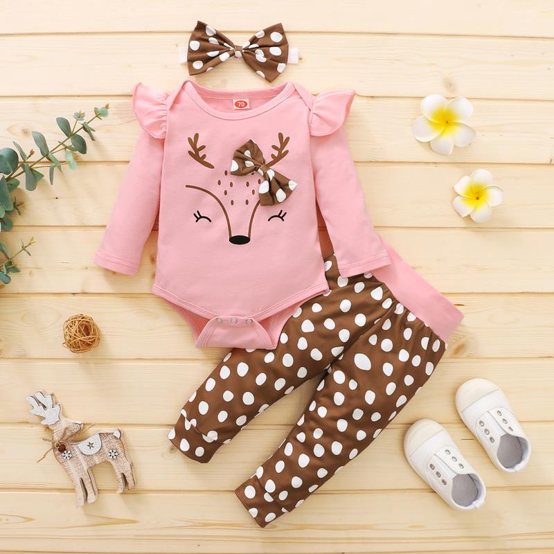 Clothing Sets Infant Suit Baby Girl Cartoon Deer Print Sweet Pink Triangle Jumpsuit Polka Dot Pants Cute Bandana Set Clothes For Children, White 
Clothing Sets Infant Suit Baby Girl Cartoon Deer Print Sweet Pink Triangle Jumpsuit Polka Dot Pants Cute Bandana Set Clothes For Children, White