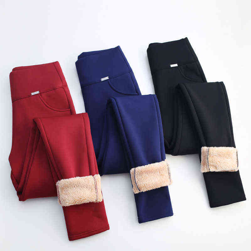 OUMENGKA Plus Size Winter Thick Warm Cashmere High Waist Black Pants Women Elastic Skinny Stretchy Ladies Trousers 6XL 211115