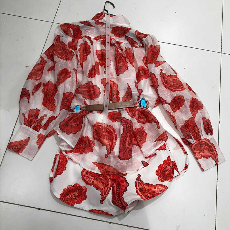 DEAT Summer Fashion Casual Patchwork Loose Print Long Lantern Sleeve Shirt Shorts Two Piece Set Women SD366 210709