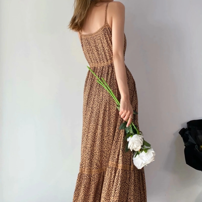 Women Leopard Print Waist Drawstring Lace Splicing Suspender Dress Female Sleeveless Clothes Casual Lady Loose Vestido D7388 210430