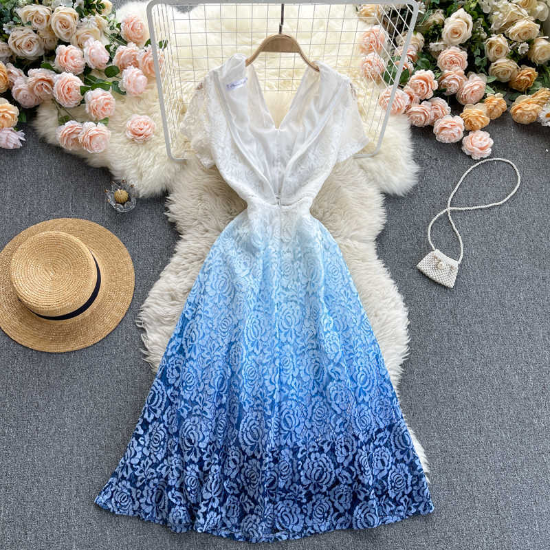 DEAT Summer Arrivals V-neck Short Sleeve Gradient High Waist A-line Lace Long Dress MZ727 210709