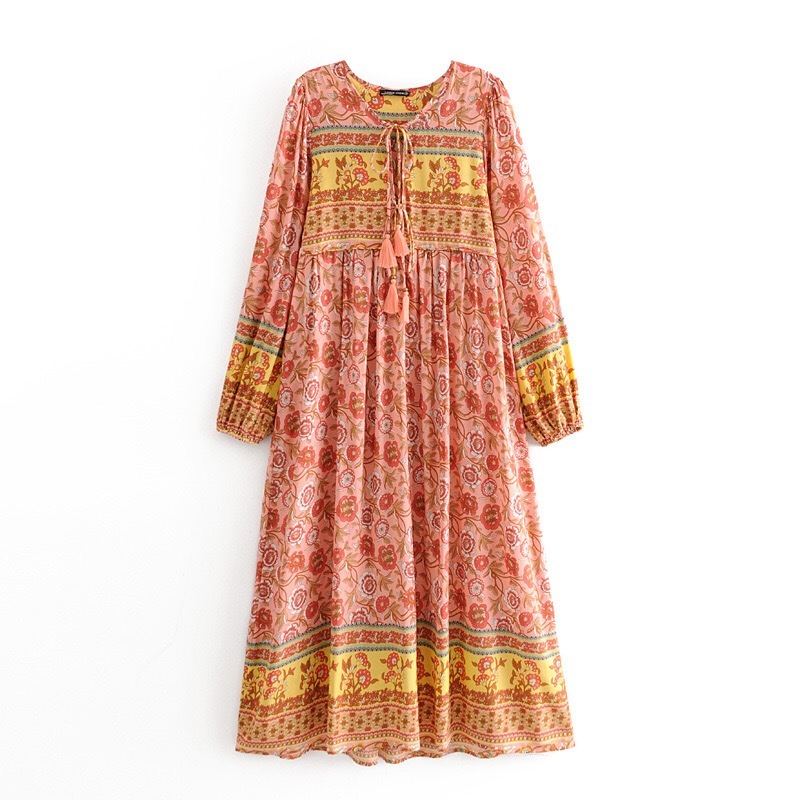 Bohemia Lacing up V neck Location Big Flower Print Long Dress BOHO Woman Sleeve Tassel Strappy Holiday Dresses Beach 210429