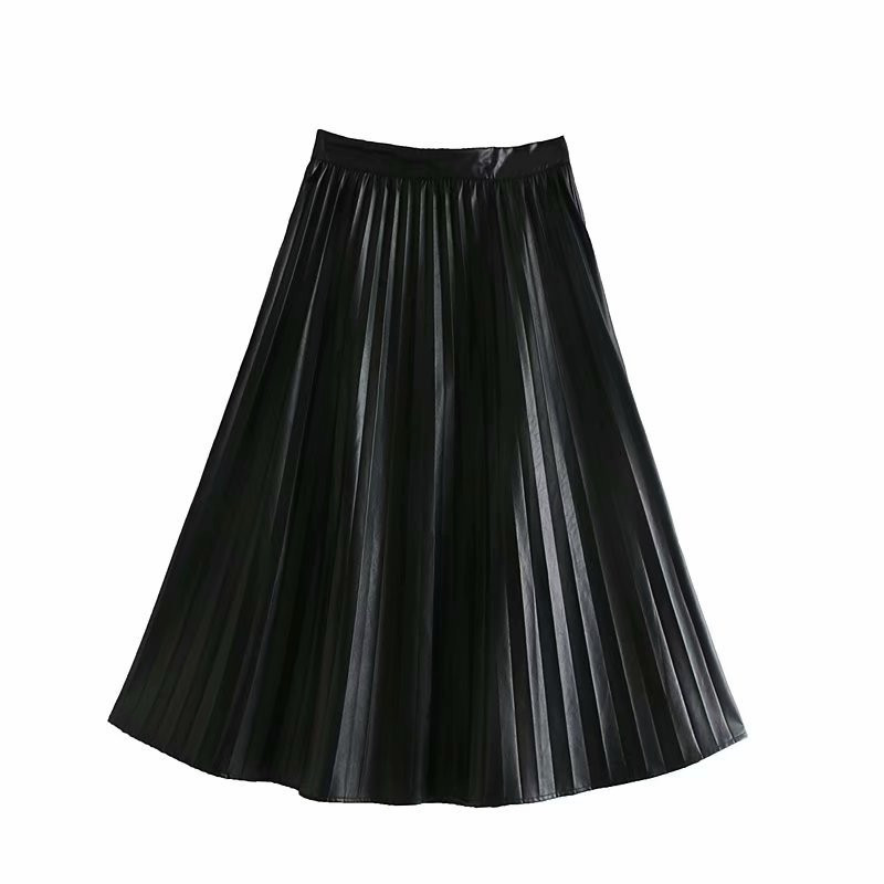 Women Faux Leather Pleated Skirt Fashion Loose A-line s Female Autumn Winter Elegant Office Lady Midi 210515