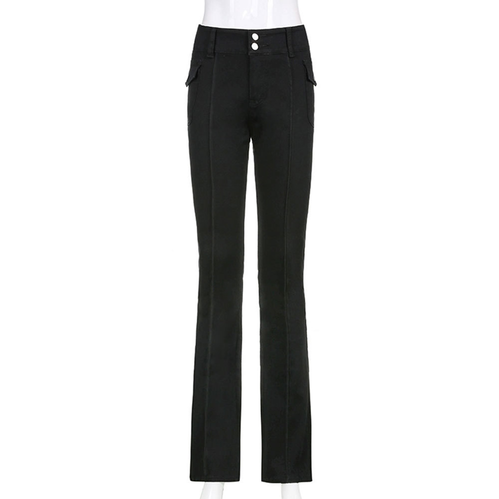 Women Casual Low Waist Flare Pants Vintage Aesthetics Pockets Solid Y2K Harajuku Trousers Gothic Streetwear 210428
