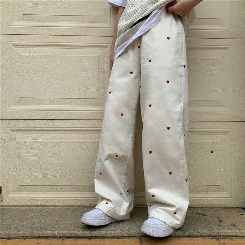 Women's Jeans Streetwear Casual Heart Shaped Embroidery Elastic Waist Vintage Baggy Straight Denim Trouser Mom Wide Leg Pants 210922