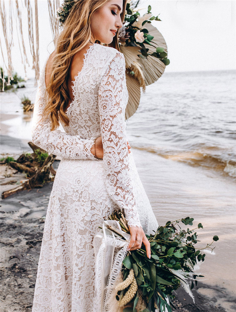 Boho Lace Wedding Dresses For Women Bride 2021 Long Sleeve Backless A-Line Bohemian Bridal Gowns Marriage Dress Vestido De Noiva 0431