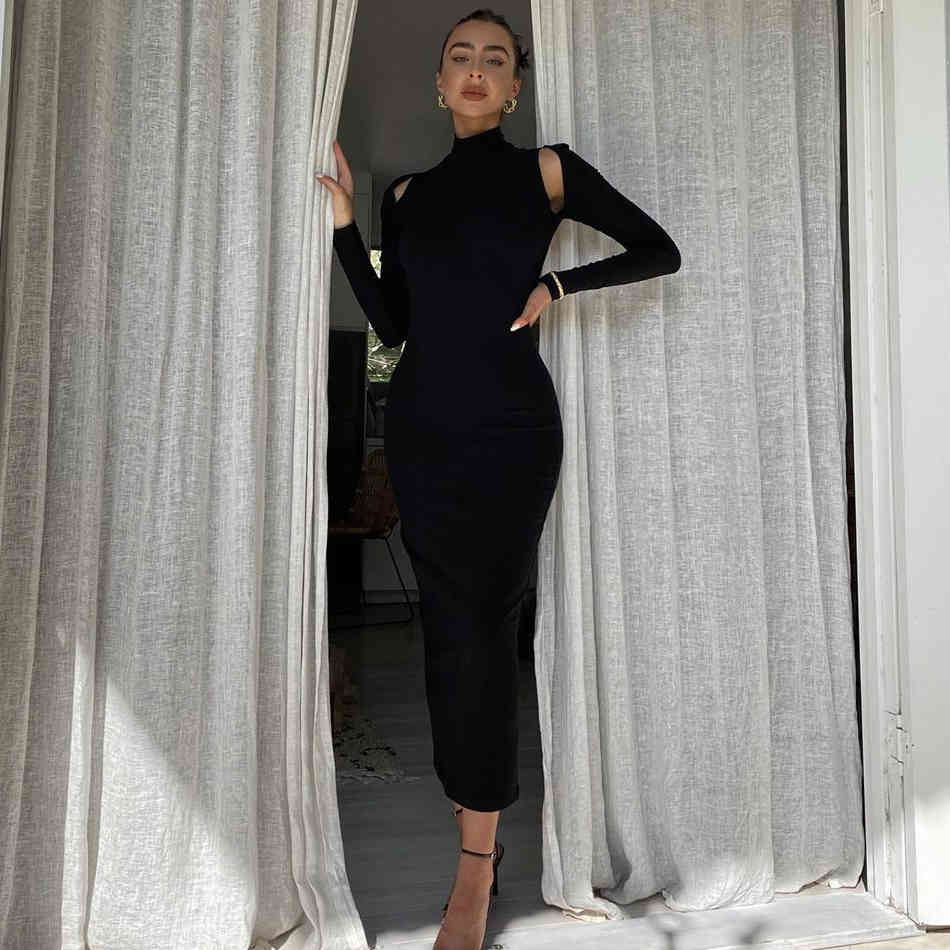 Winter Women Black Long Sleeve Bandage Dress Sexy Backless Hollow Out Club Celebrity Runway Party Bodycon Dresses 210423