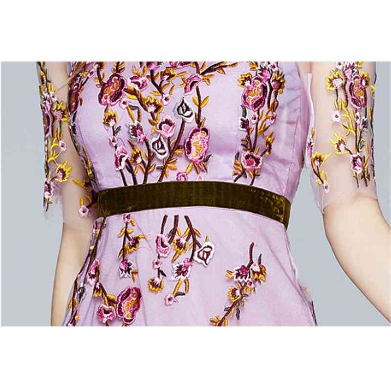Arrival Vintage Elegant Mesh Embroidery Dress Women Summer Purple Flower Casual Midi Long Dresses Vestidos 210520