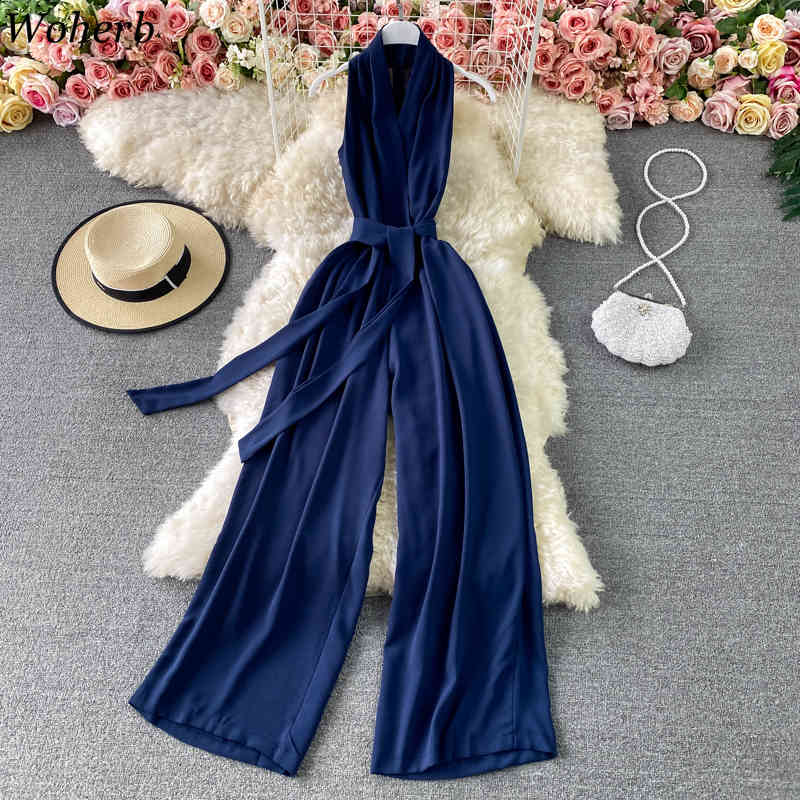 Elegant Jumpsuit Women OL Temperament Rompers Summer Halter V-neck Lace Up Bodysuit Slim Wide Leg Pants Playsuit 210519