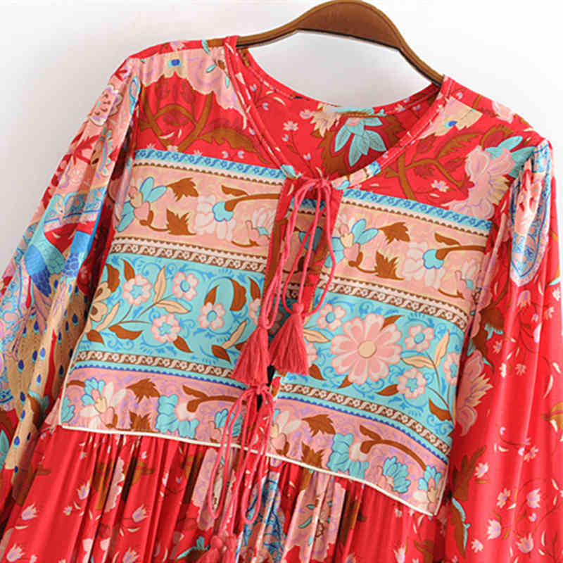 Chu Sau beauty Boho Floral Print Maxi Dress Women Holiday Style Bow Tassel Long Dresses Female Loose Beachwear 210508