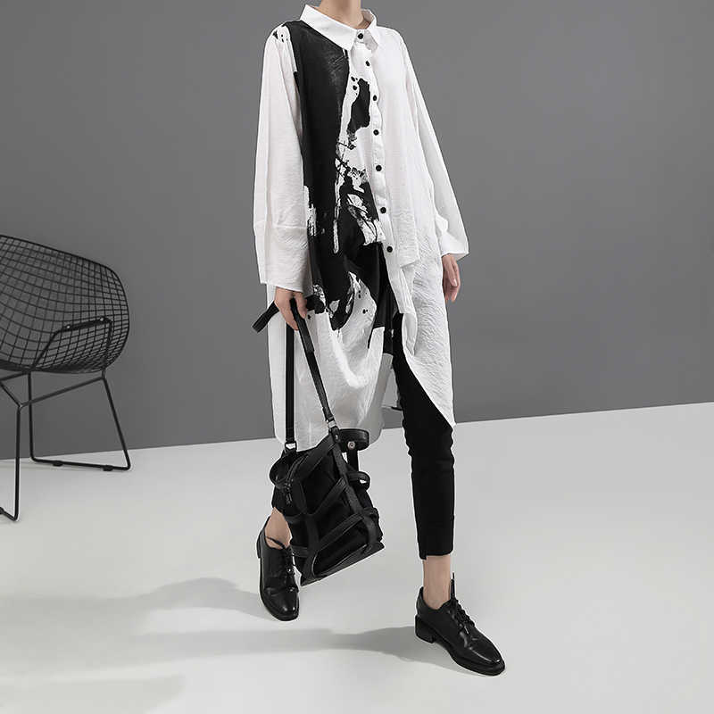 Korean Style Woman Long Sleeve White Print Shirt Dress Painting Plus Size Straight Girls Casual Midi Dress Loose Robe Femme 5459 210630