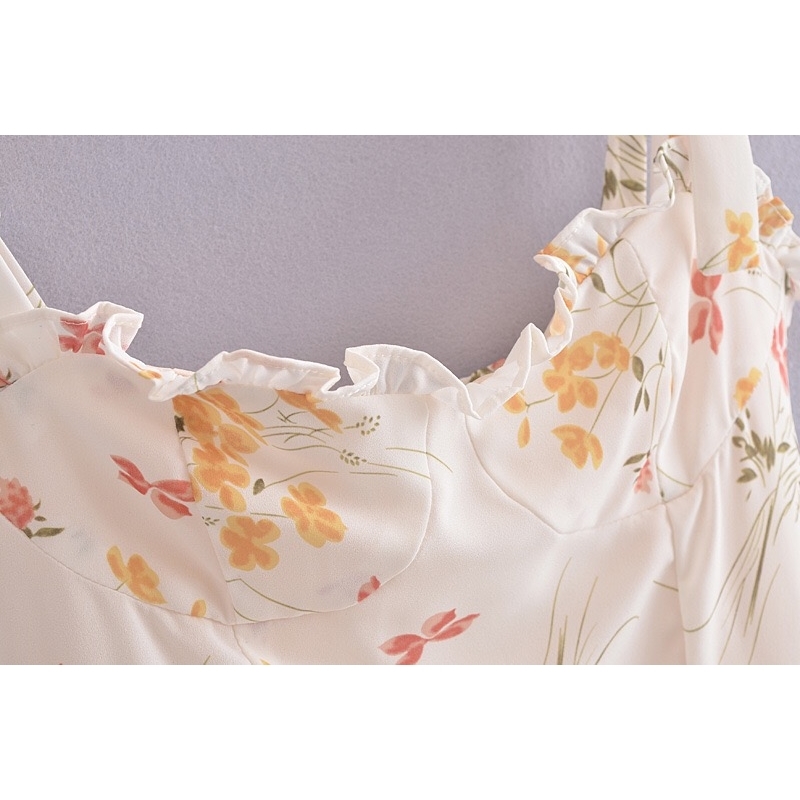 Summer Ivory Color Floral Print Women Dress Ruffles hem Tie Bow Strap Sleeveless Mini Sexy Beach Holiday Vintage 210429