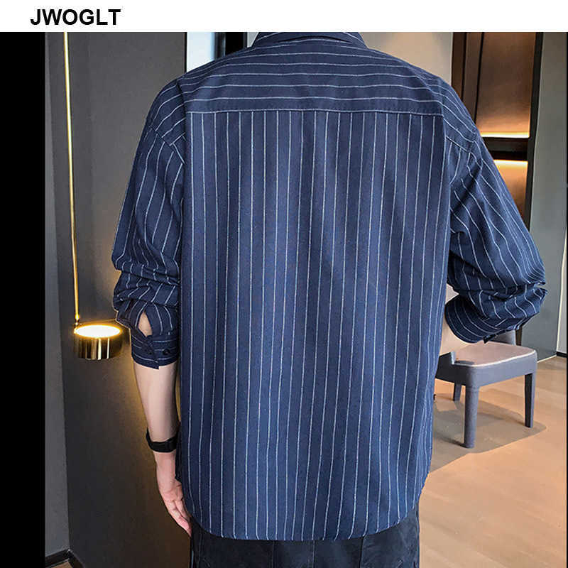 Men's Striped Shirts Button-Down Shirt Chest Pocket Casual Standard Fit Black Navy Gray Long Sleeve Cotton Shirts 4XL 5XL 210528