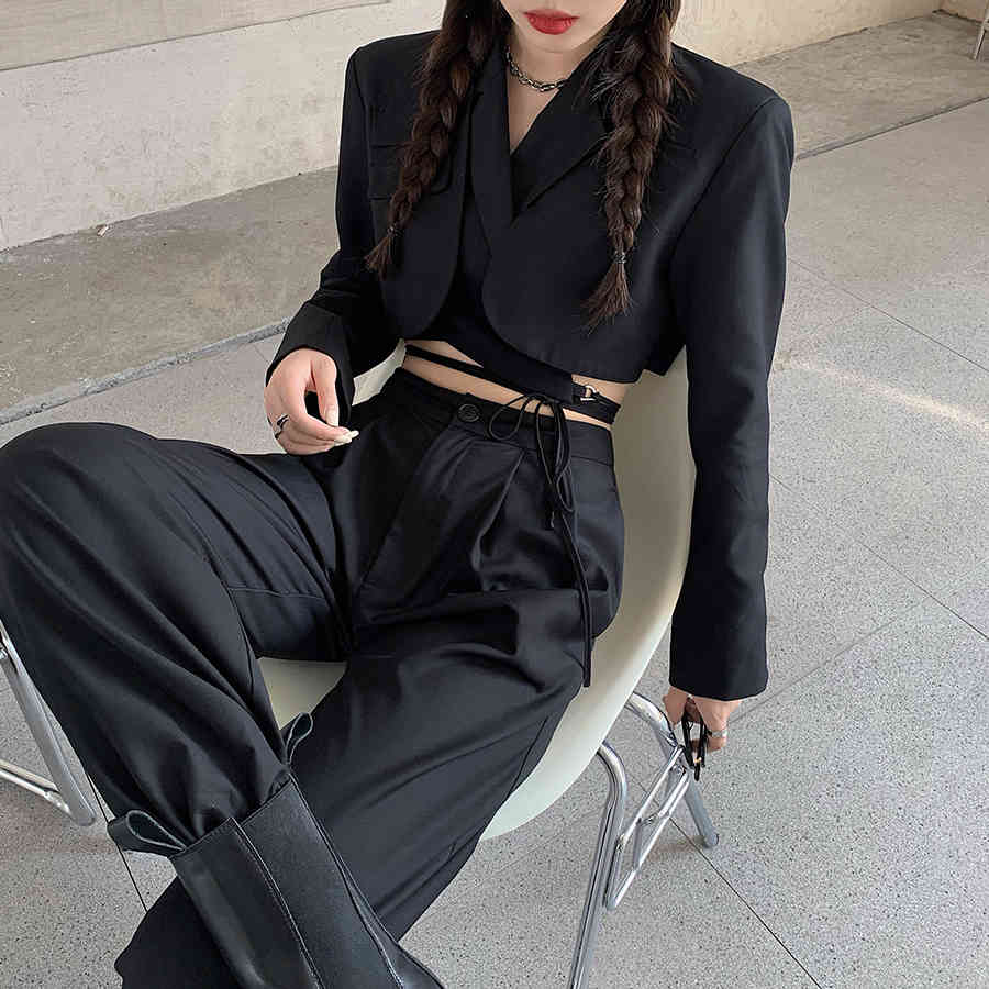 Spring Womens Outfits Ladies Office Notched Collar Long Sleeve Sexy Short Coat + High Waist Wide Leg Pants 2 Piece Sets 210519