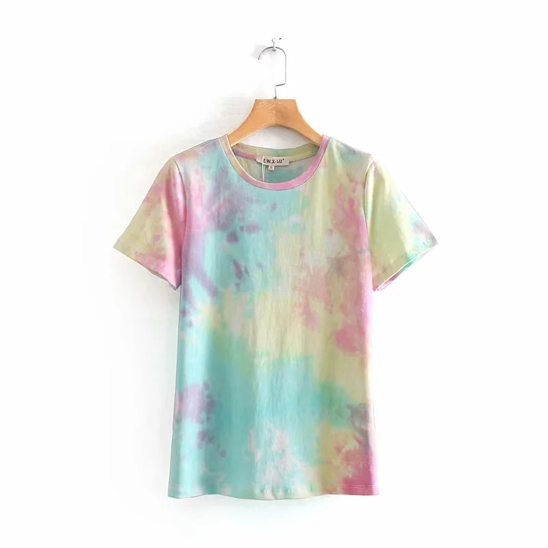 Tie Dye Printing Women Short Sleeve Knitting T shirt Casual Female Loose Tops Summer O Neck Tee Shirt Femme T1166 210430Z