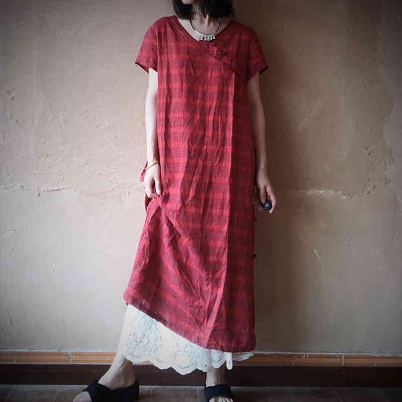 Johnature Summer Red Plaid Retro Dress Vintage O-Neck Linen Short Sleeve Plus Size Women Loose Casual Dress 210521, Orange 
Johnature Summer Red Plaid Retro Dress Vintage O-Neck Linen Short Sleeve Plus Size Women Loose Casual Dress 210521, Orange