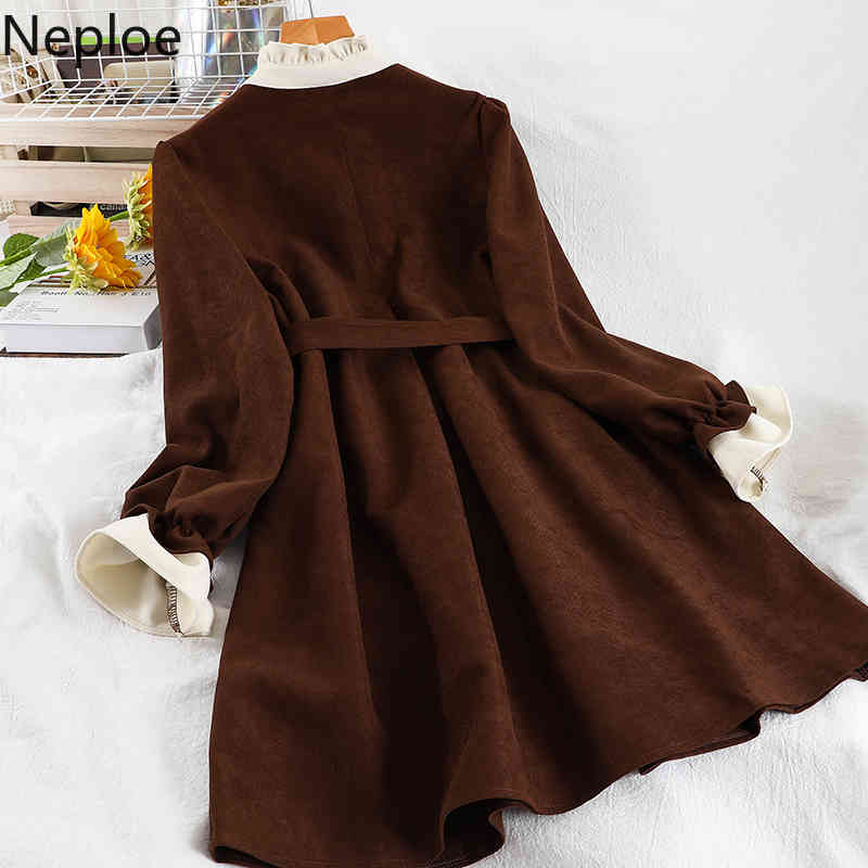 Neploe Stand Neck Dress Woman Dresses Slim Waist Temperament Vestidos Fall Clothes Robe Ruffles Midi Bandage Dresses Women 210422