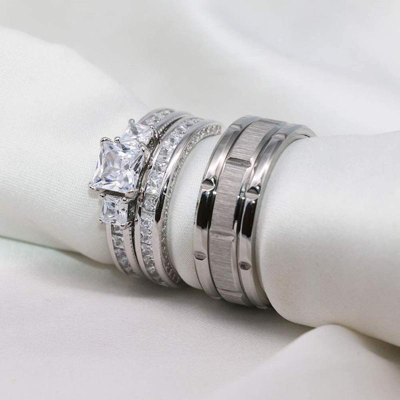 Wedding Rings Couple Women's Classic Square Zircon Engagement Ring Set & Men's 8MM Stainless Steel Silver Color Groove Cut