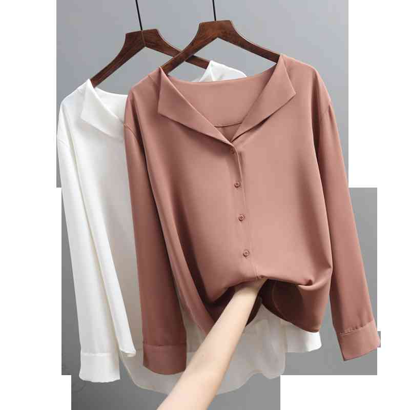 blouses woman women tops long sleeve chiffon shirts solid brown white v-neck office ladies 5104 50 210506