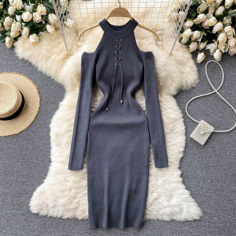 DEAT Women Knitting Dress Round Neck Long Sleeve Arrivals Lady Sexy Hollow Out Fashion Spring Autumn 11D 210709