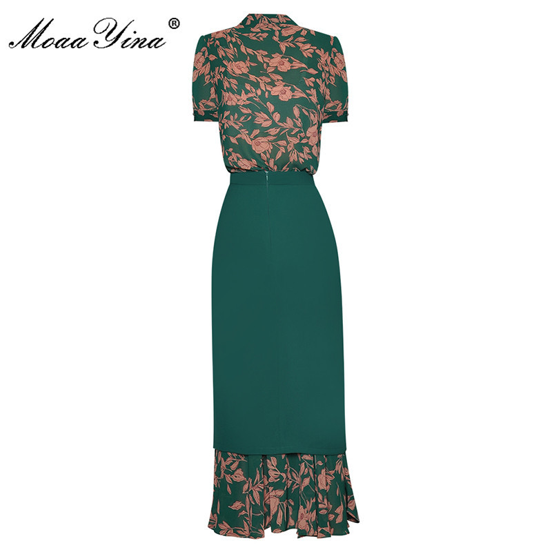 Summer Fashion Floral Skirts Sets Women's Short sleeve Printed Blouse and Splice Slim Mermaid Skirt 2-piece Suit 210524