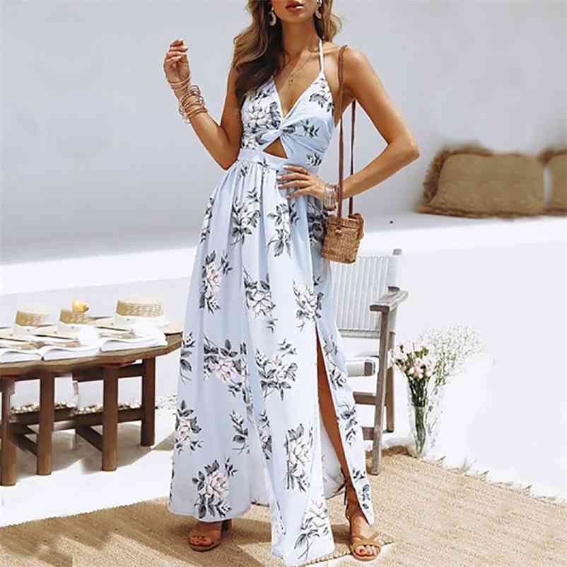 Summer dress Vintage Floral Print long Dress Women V-Neck backless Beach Dresse Casual black Chic Boho Vestidos 210521