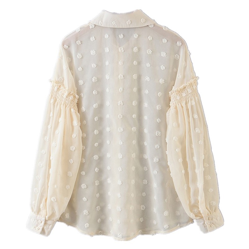 Romantic See through 3D Dot Chiffon Shirt Beige Retro Woman Stitching Elastic Lantern Long sleeve Blouse Sweet Tops Blousas 210429