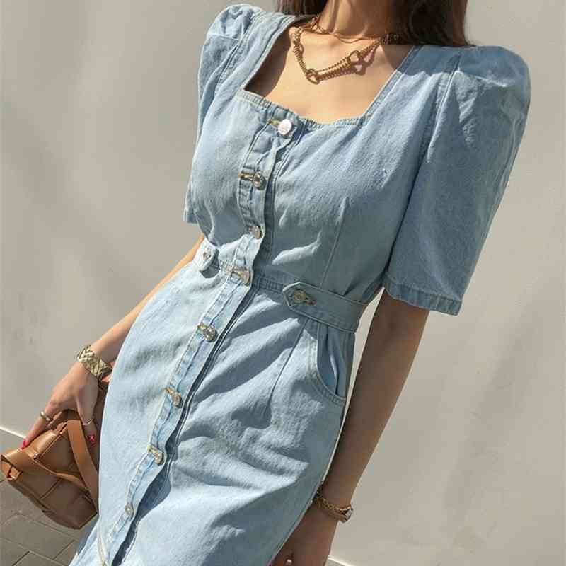 Women Denim Dress Summer Casual Vintage Office Chic Single-Breasted Sexy Split Street Fashion Long 210520