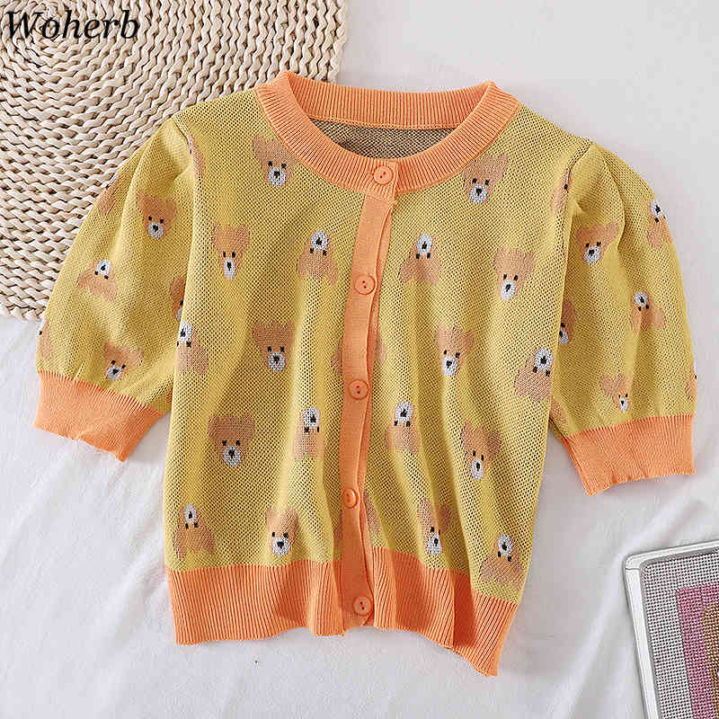 Short-sleeve Cardigan Jacket Womens Summer Sweet Knitted Thin O Neck Sweater Korean Vintage Slim Fit Knitwear Tops 210519