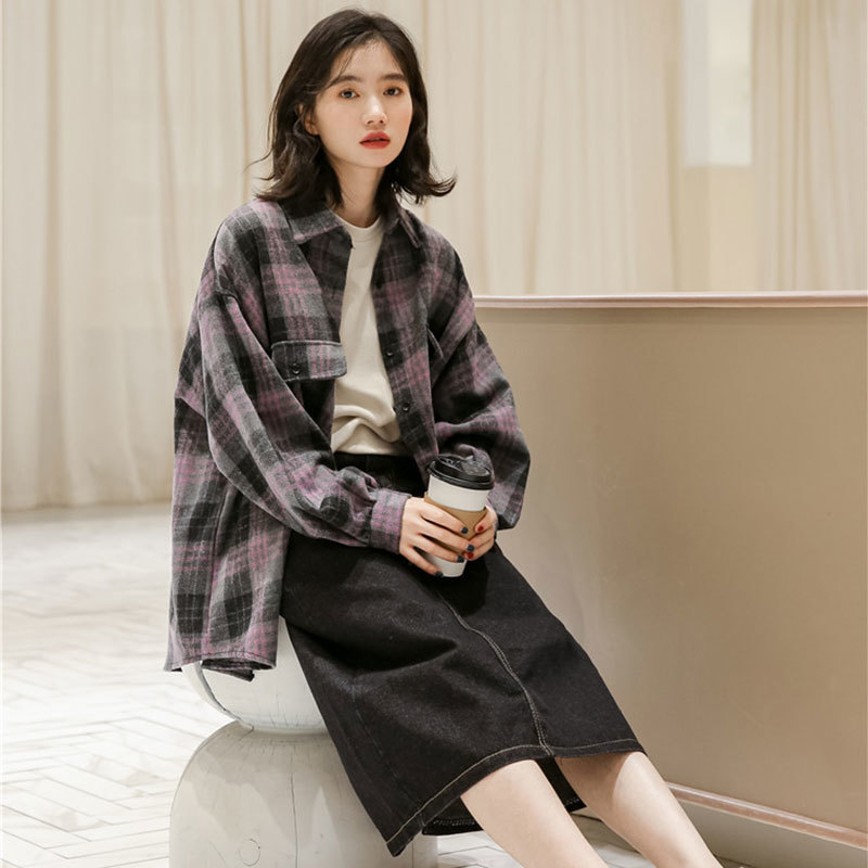 Autumn Korea Fashion Women Loose Casual Shirts Coat Woolen Plaid Vintage Turn-down Collar Blouse Big Size Blusas M553 210512