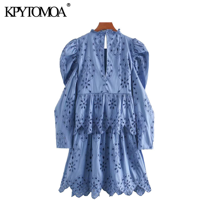 Women Chic Fashion Hollow Out Embroidery Mini Dress High Neck Puff Sleeve Female Dresses Vestidos Mujer 210420