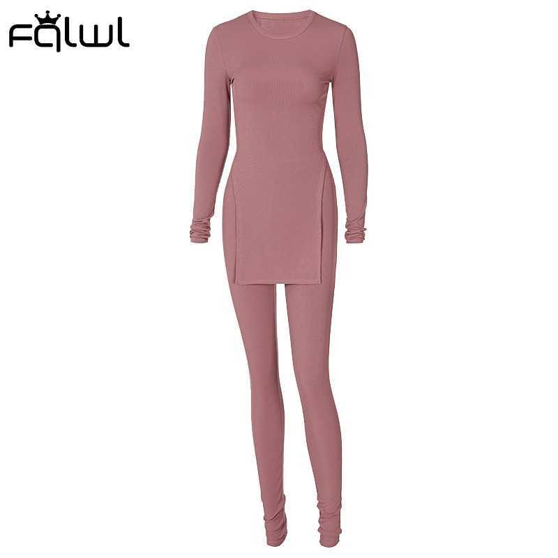 FQLWL Summer Streetwear Bodycon 2 Two Piece Sets Women Outfits Long Sleeve Side Slit O Neck Longer Top White Pants Matching Sets Y0625