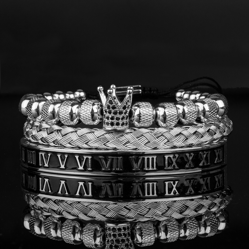 3pcs Luxury Roman Royal Crown Charm Bracelet Men Stainless Steel Geometry Pulseiras Men Open Adjustable Bracelets Couple Jewelry