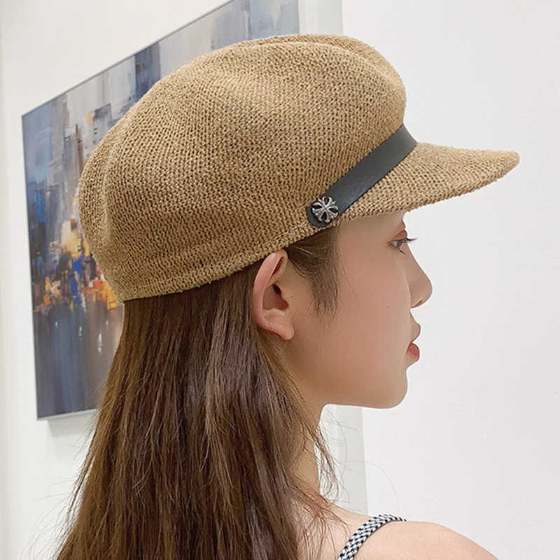 Summer Octagonal Caps Short Brim Newsboy Cap Breathable Straw Hats for Women Belt Buckle Sun Beach Hat Berets Chapeau Homme Bone Q0805