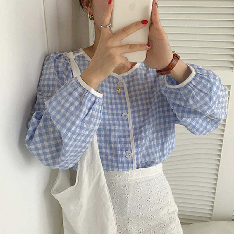 Korejpaa Women Shirt Summer Korean Chic Girl Gentle Loose Single-Breasted Button Cream Plaid Round Neck Contrasting Blouses 210526