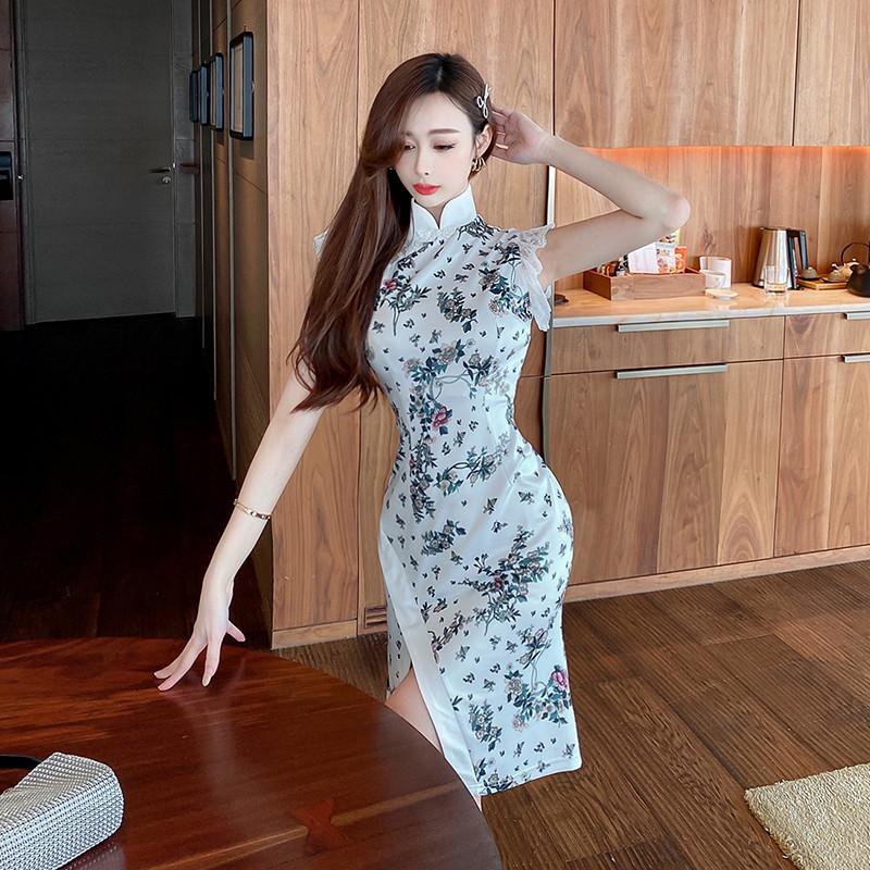 Real S 2021 Fashion Women's Sexy Printed Cheongsam Belly Slimming Retro Split Dress Casual Dresses