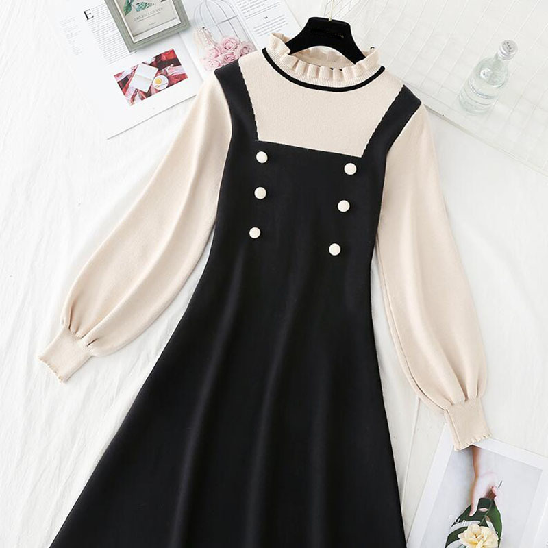 Autumn Winter Knit Long Dress Women Elegant Ruffle collar Slim A-line Sweater Dresses Double breasted Office Lady Casual Dress 210521