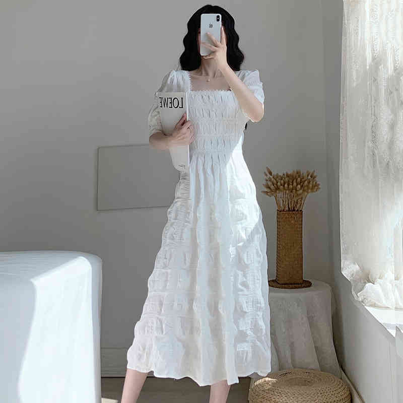 Dress Korean Folds Puff Sleeve Square Collar Midi Dress Women Evening Party Female Dress Summer Vintage Elegant 210521