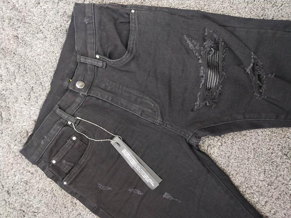 Men's Jeans Men Pu Leather Ribbed Patch Skinny Distressed Black