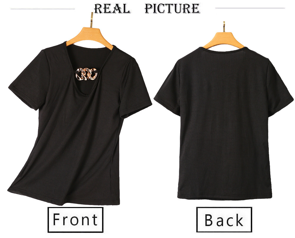 Sexy Solid Women T-Shirt Summer V-Neck Low-cut Short Sleeve Hollow Out Chain Decor Slim Pullover Tops Casual Female Black Tshirt 210522