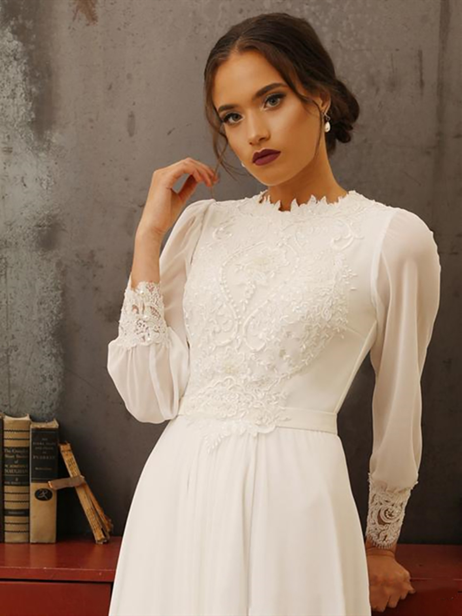 Appliqued Lace Chiffon Wedding Dresses High Neck Long Sleeve Floor Length Sheath Vintage Design Bridal Gowns vestido de noiva