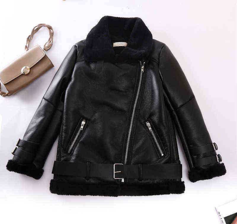 Aibeauty Lamb Fur Belt Women's Coat Female Tops Thicken Warm Motorcycle Lapel Long Sleeve Women Jacket 211130