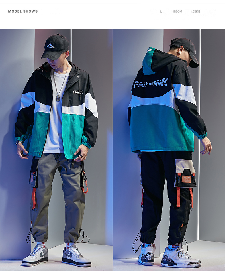 Autumn Oversize Hooded Jacketet Men Printed Multicolor Splicing Ribbon Personally Fashion Windbreaker Coat Men Clothing