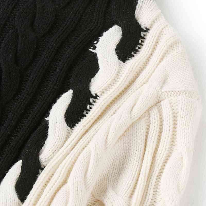 Autumn Winter Woman Dress Ivory Black Patchwork Knitted Dress Turtleneck Full Sleeve Knee Length Fashion Vintage Slim Dress 210515