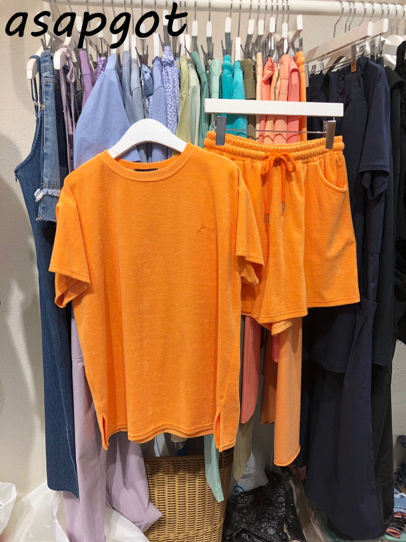 Cotton Plus Size Summer Sets Casual Fashion Chic Loose O Neck Short Sleeve Tshirt Tops Elastic Waist Wide Leg Shorts 3Color 210429